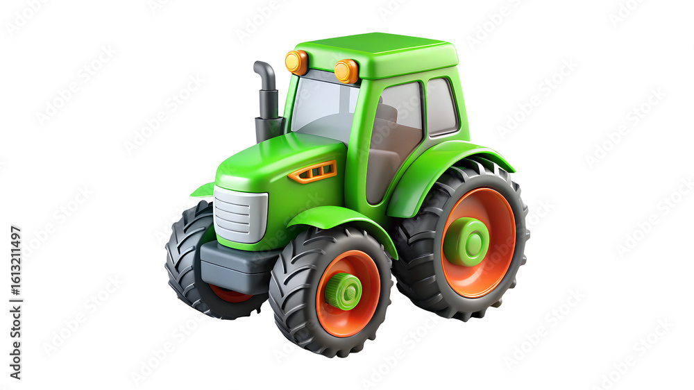 Obraz premium Green toy tractor with orange wheels isolated on a transparent background vehicle