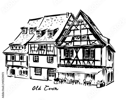 Old Town Colmar France.Hand-Drawn Vintage Illustration of Traditional Half-Timbered Houses and Medieval Streets in Alsace. Ink Sketch of Historic Architecture and European Heritage