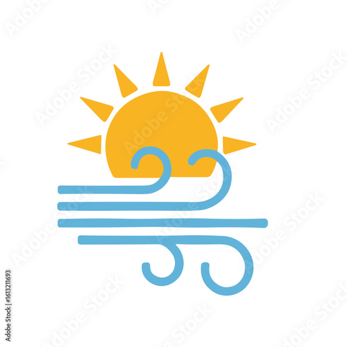 Graphic illustration depicting sunny weather with wind, featuring a yellow sun and blue wind gusts.