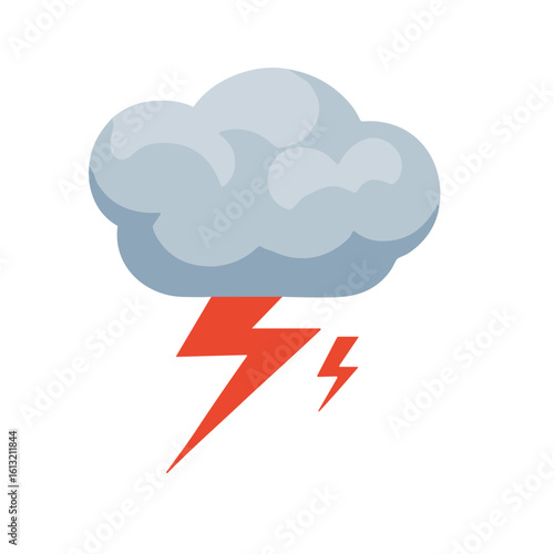 A stylized illustration of a dark, ominous storm cloud with bright red lightning bolts striking downwards, symbolizing a powerful weather event.