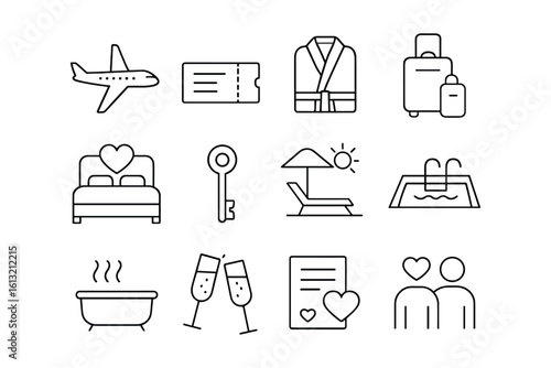 Travel and Hotel Line Art Icons Set - Essential Vector Collection for Vacations and Hospitality