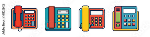 Set of Colorful Office Landline Phone Icons-Collection of four vector landline telephone illustrations in bright colors, perfect for office communication or business icon design.
