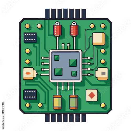 A green printed circuit board (PCB) with a central gray microprocessor chip no background vector file.