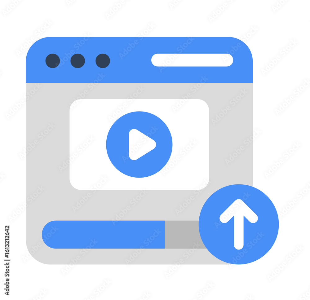 Modern Flat Design Video Upload Icon: Blue, Gray, and White Color Scheme. Modern Flat Design Video Upload Icon: Blue, Gray, and White Color Scheme.