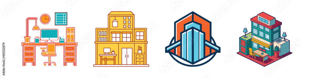 Obraz premium Colorful Office and Building Icon Set Illustration-Set of four colorful vector icons featuring a modern office desk, house, skyscraper, and commercial building, ideal for business or real estate them