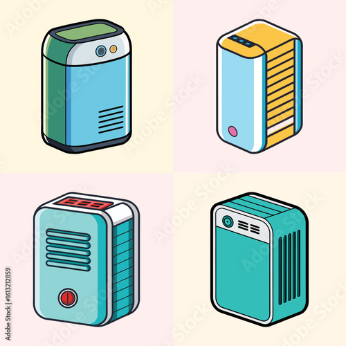 Set of Isometric Air Purifier Icons in Color-Collection of four colorful isometric air purifier icons, each with unique design features, ideal for home appliance and technology themes.