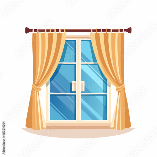 Window with drawn yellow curtains in a cozy flat style. Blue glass panes, isolated on white. Home interior concept. Generative AI