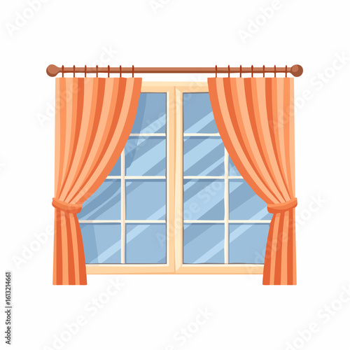 Window with drawn yellow curtains in a cozy flat style. Blue glass panes, isolated on white. Home interior concept. Generative AI