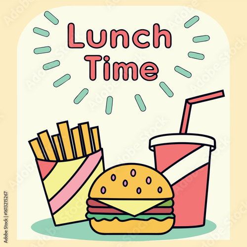 Burger with french fries and a drink show it is lunchtime now
