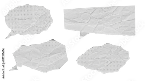 Crumpled Paper Speech Bubbles with Halftone Texture on Black Background