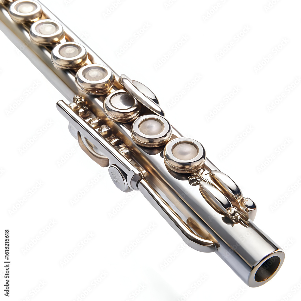 Fototapeta premium The detailed keys and tubing of a silver flute, a woodwind instrument, isolated on a white background