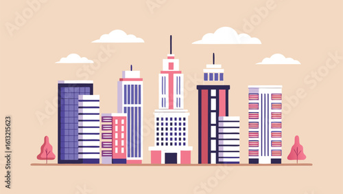 Cityscape with various buildings and clouds in a flat design against a beige background