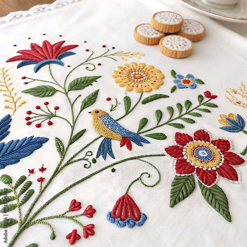 Obraz premium Floral Embroidery and Pastries: A table displays exquisite floral embroidery with vibrant colors, alongside a stack of freshly baked pastries, a delightful pairing of artistry and culinary charm.