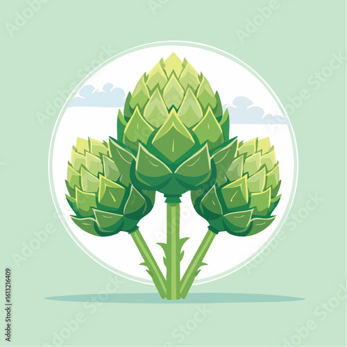 Vector of artichoke plants with circular frame and sky background, suitable for farming or gardening themes. Generative AI