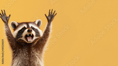 Wallpaper Mural scream, A playful 3D cartoon raccoon with paws raised, expressing excitement or surprise, perfect for creative projects. Torontodigital.ca