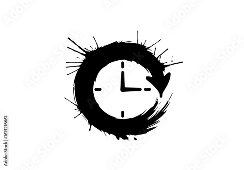 Clock silhouette with circular arrow and paint splashes 