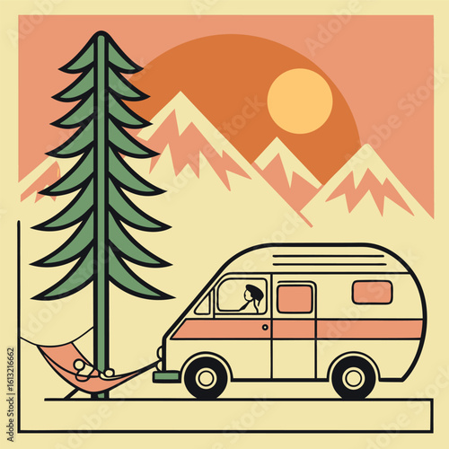 Retro campervan sits near mountains and a pine, with a person relaxing in hammock