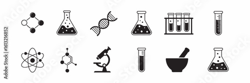 Science and chemistry lab icons with elements like flasks, atom models, and test tubes on white background. Ideal for science education and research presentations