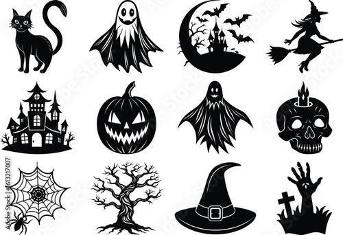 set of halloween element silhouette collection. Black and white vector editable file. pumpkin, ghost, cat, cauldron, horror house, female witch ride, owl, raven bird, skeleton, spider, witch hat