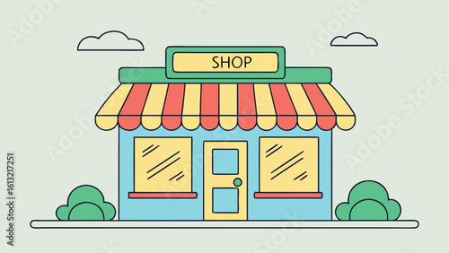 The cute outline store has striped awnings and two clouds behind it