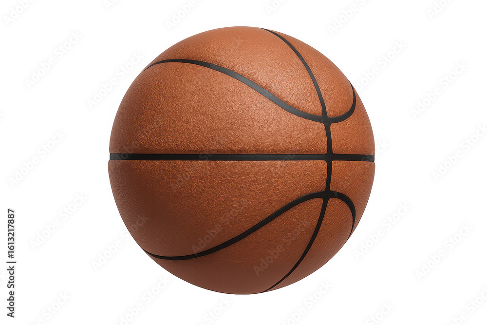 Fototapeta premium Photorealistic basketball spinning midair, orange surface rotating against clean transparent backdrop, professional sports graphic render