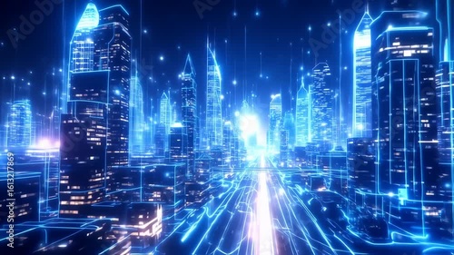 Futuristic Digital City Skyline with Neon Lights and High Tech Visual Effects