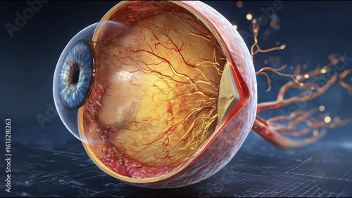 3D medical imaging of the human retina. The model allows you to see the main parts of the eye and the vessels and nerve fibers that penetrate the retina