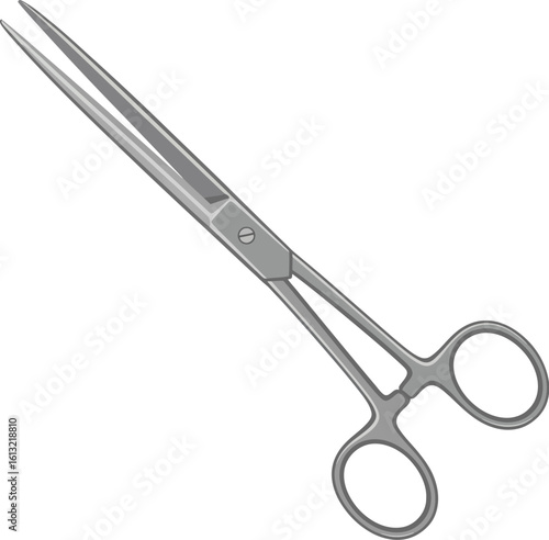 A detailed illustration of a metallic surgical hemostat with long, pointed jaws and finger rings, isolated on a white background.