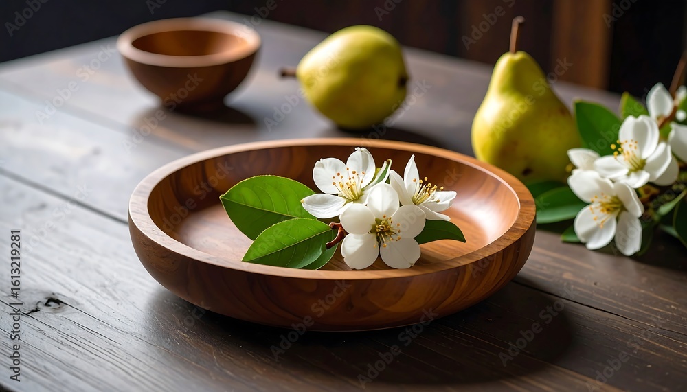 Wooden bowl with flowers and pears on a rustic table Wooden bowl with flowers and pears on a rustic table