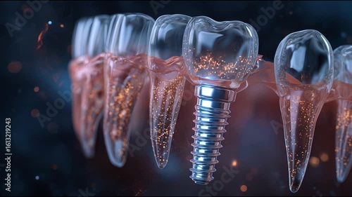 Realistic 3D visualization of jaw anatomy. Transparent tissues allow you to see the roots of the teeth and the shunt from the dental implant located in the gum