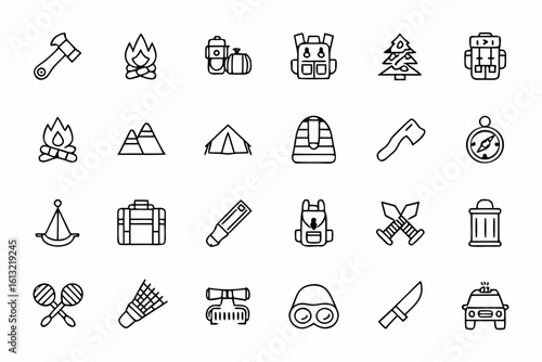 Line art icons of camping and outdoor adventure equipment and supplies
