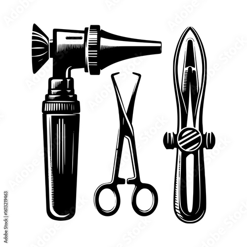 Vintage medical instruments including otoscope forceps and speculum
