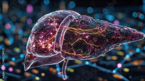 Medical anatomical model of human liver. 3D visualization of diseased organ. Liver with bright red spots to demonstrate damage, cirrhosis