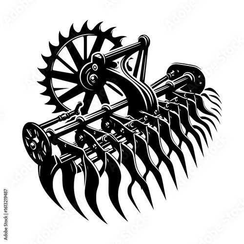 Vintage agricultural implement with rotating spiked wheel and tines