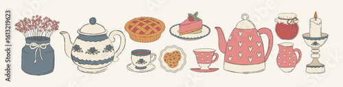 Hand drawn cozy cottagecore tea party elements set. Teapots, teacups, cheesecake, cookies, pie, jam jar, vase with flowers and candle in vintage rustic style isolated on cream background.