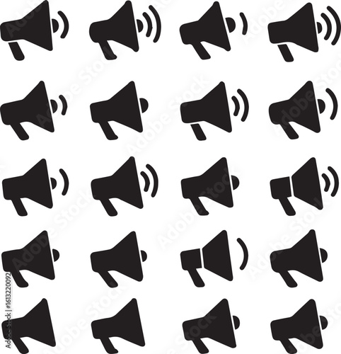 Silhouettes of megaphones in various styles. Suitable for sound, communication, and marketing concepts.
