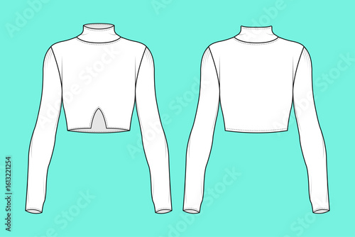 Women's Long sleeve Funnel neck fashionable Crop Sweater flat Sketch Vector illustration template CAD mockup.