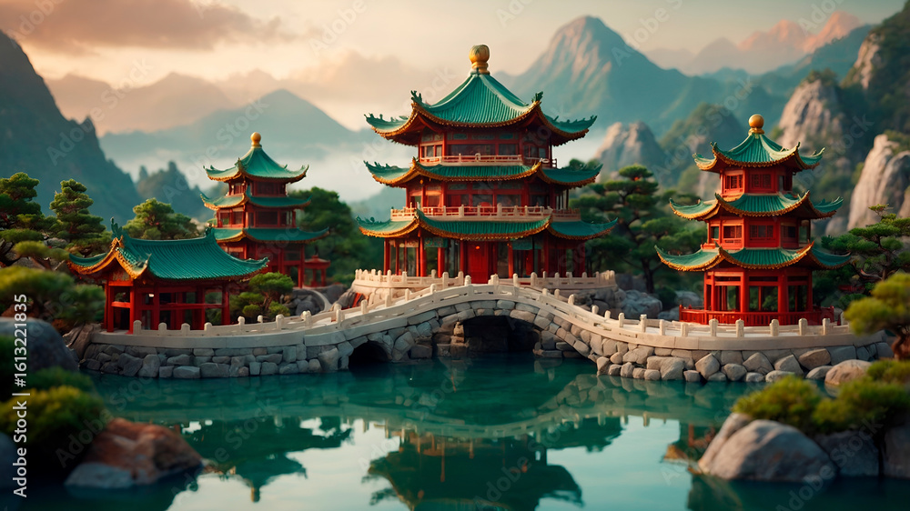 Naklejka premium Cute ancient China scene with pagodas and bonsais on a round platform. Red, jade and gold tones in a clean kawaii 3D style.