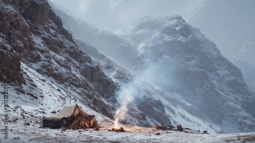 Snowy Mountain Base Camp with Tents and Smoke in Cold Winter Landscape