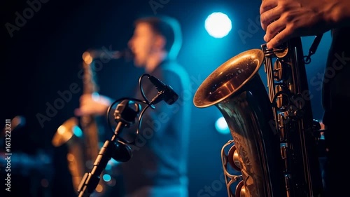 Professional jazz saxophone player performing live on stage with dramatic blue concert lighting and microphone setup during nighttime music show