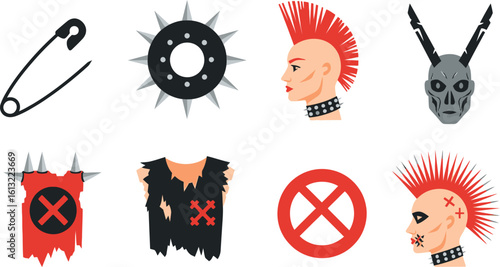 Punk subculture iconography: safety pin, studded belt, mohawk hairstyles, torn clothing, and skull mask.