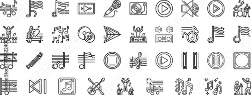 Music themed linear icon collection, perfect for creative projects and inspiring musical vibes, dynamic elements for modern designs
