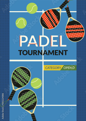 Padel tournament vector banner. Padel rackets and balls illustrations on blue court background with copy space. Open D category competition. Modern team racket game vertical flyer template design