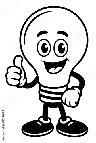 Lightbulb Character with Thumbs Up – Bold Minimalist Vector Line Art for Apparel and Vinyl Cutting Generative ai 
