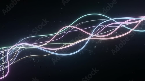 Dynamic Abstract Energy Flow Vibrant Neon Light Trails and Glowing Wavy Lines Weaving Through a Dark, Futuristic Digital Space, Evoking Modern Technology and Innovation.