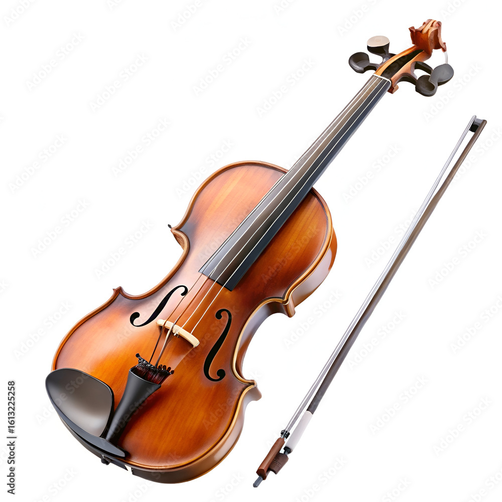 Fototapeta premium Acoustic violin with a bow, showcasing its wooden body and strings, isolated on white background