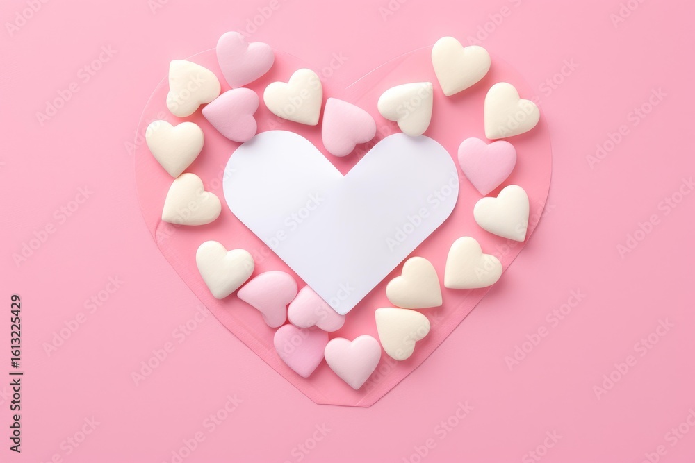 Fototapeta premium Pink and white candy hearts framing a blank white heart shape over a pink background, creating a romantic setting