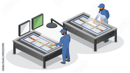 Two workers inspecting circuit boards on illuminated tables in a factory setting with monitors