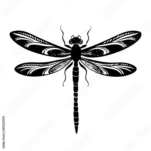 Detailed dragonfly silhouette with intricate wing patterns and stylized body