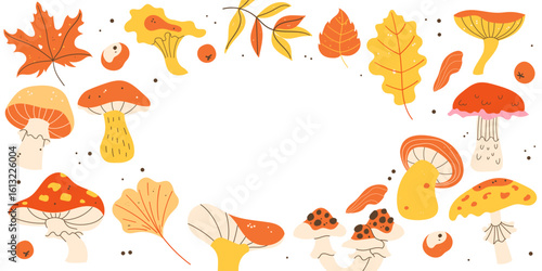 Horizontal autumn banner, template, background with mushrooms and leaves